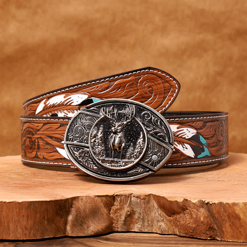Men's DIY Forest Deer Hidden Folding Knife Leather Belt - Deer - Brown Feather Belt - 40 - image 10