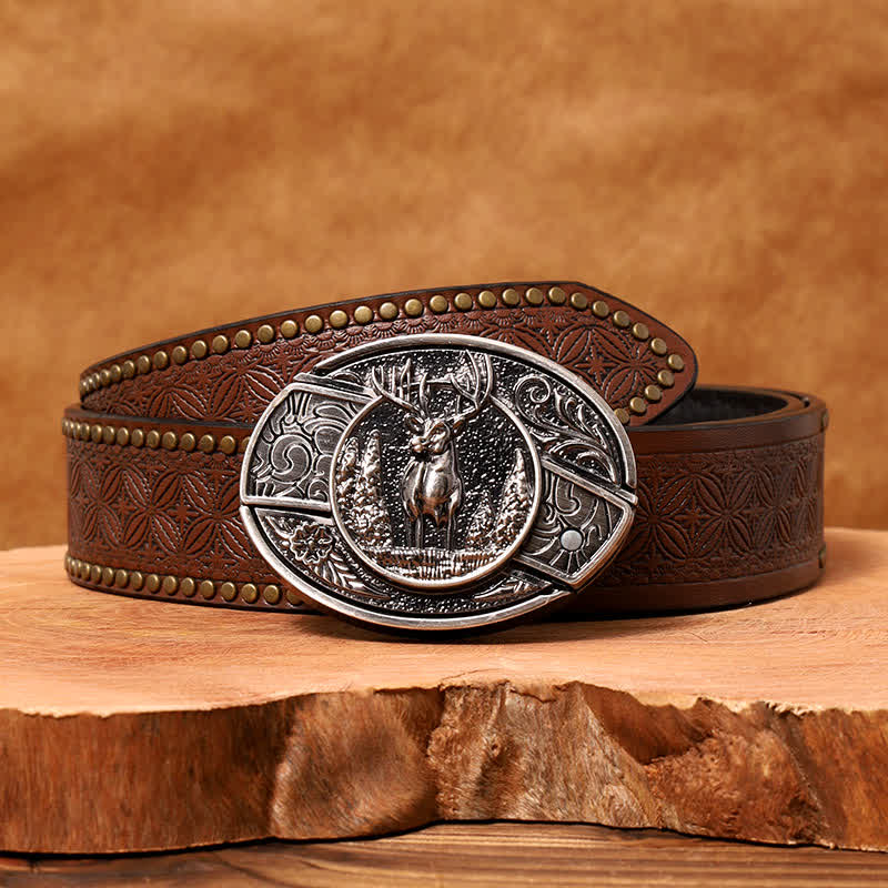 Men's DIY Forest Deer Hidden Folding Knife Leather Belt - Deer - Brown Rivet Belt - 42 - image 8