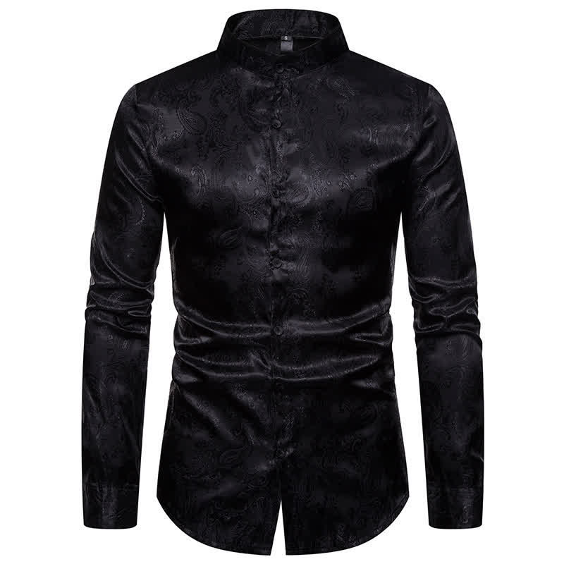 Men's Dark Jacquard Satin Rose Stand Collar Long Sleeve Shirt - Black - 2XL - image 10