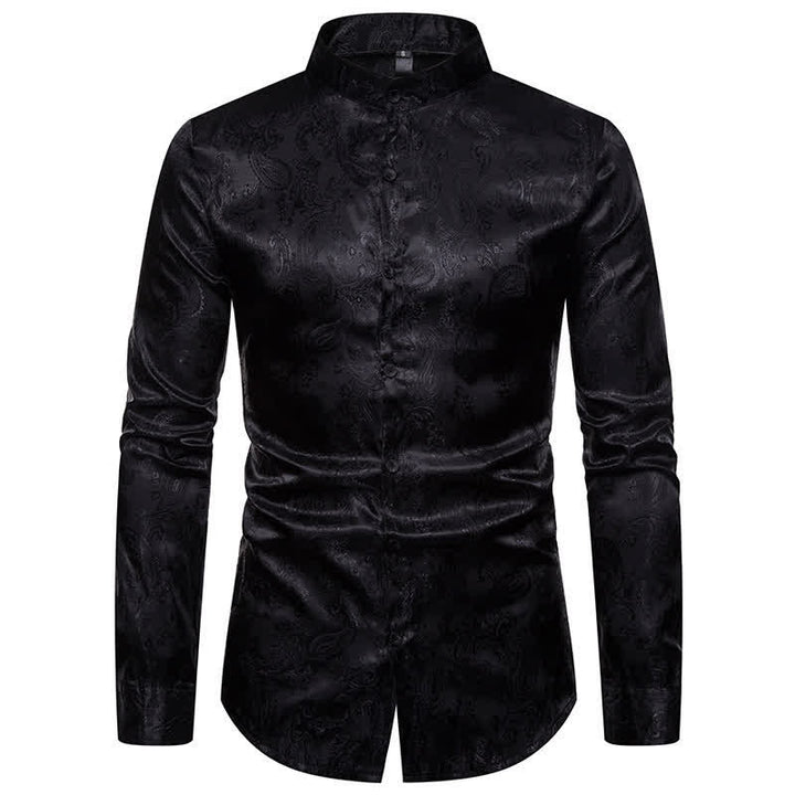 Men's Dark Jacquard Satin Rose Stand Collar Long Sleeve Shirt - Black - 2XL - image 10