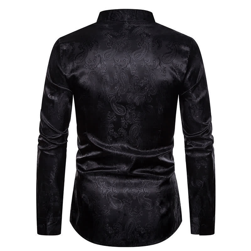 Men's Dark Jacquard Satin Rose Stand Collar Long Sleeve Shirt - image 12