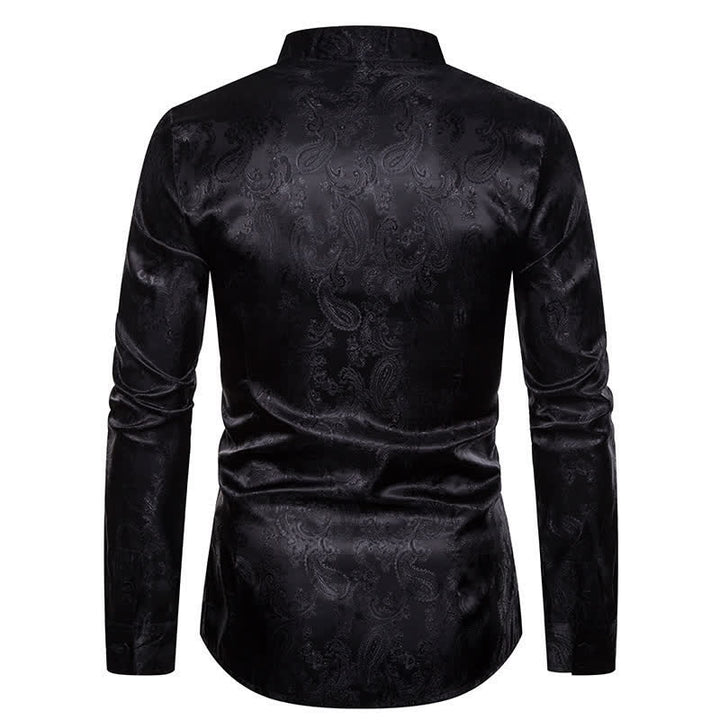 Men's Dark Jacquard Satin Rose Stand Collar Long Sleeve Shirt - image 12
