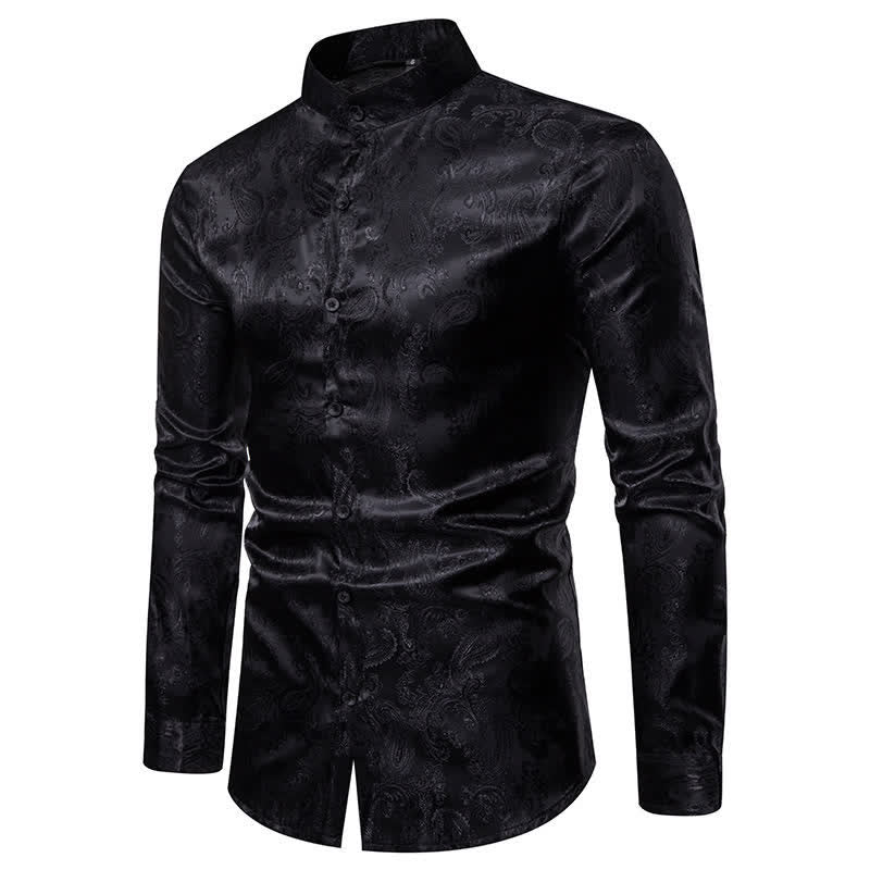 Men's Dark Jacquard Satin Rose Stand Collar Long Sleeve Shirt - image 12