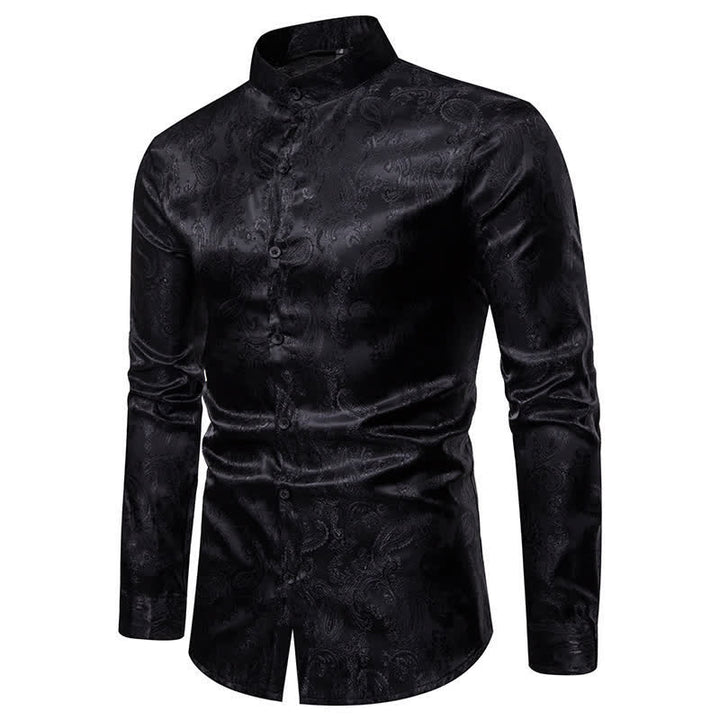 Men's Dark Jacquard Satin Rose Stand Collar Long Sleeve Shirt - image 12