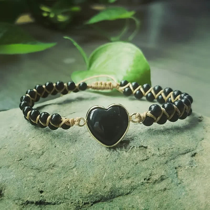 Heart Natural Stone Macrame Adjustable Love Bracelet - Black - image 14