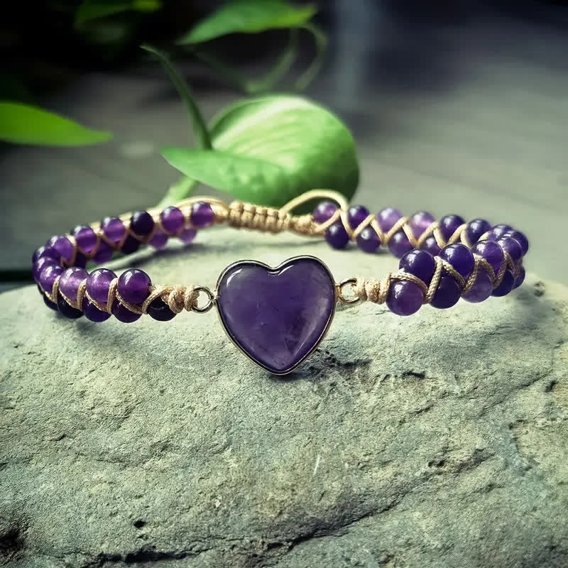 Heart Natural Stone Macrame Adjustable Love Bracelet - Purple - image 13