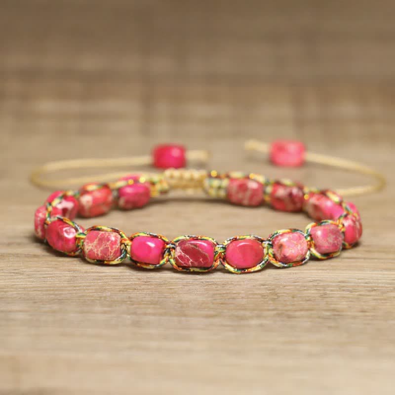 Colorful Turquoise Emperor Stone Adjustable Braided Rope Bracelet - Red - image 10