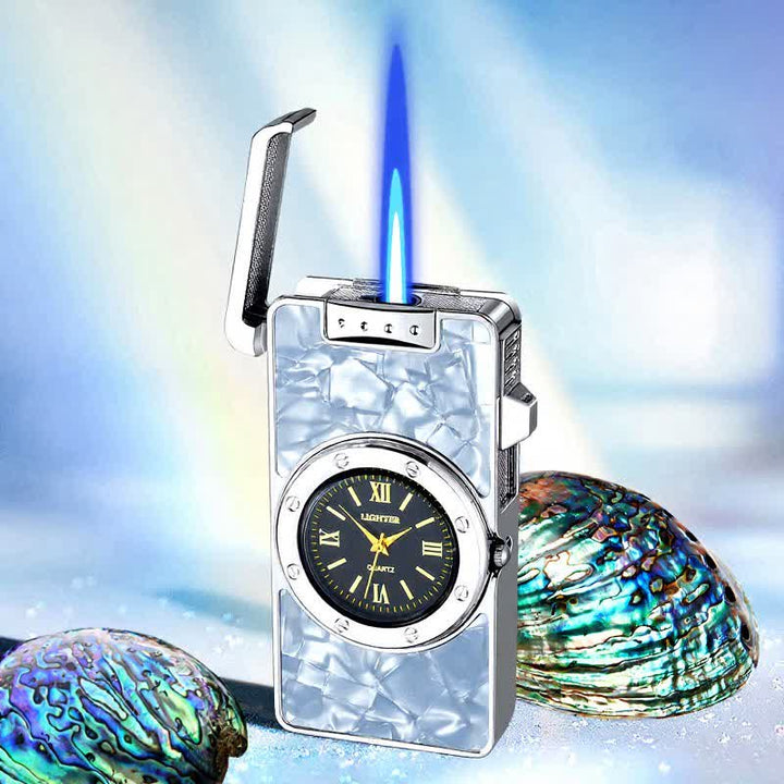 Time Flame Colorful Shells Butane Lighter With Clock - White Fritillary - Silver - image 23