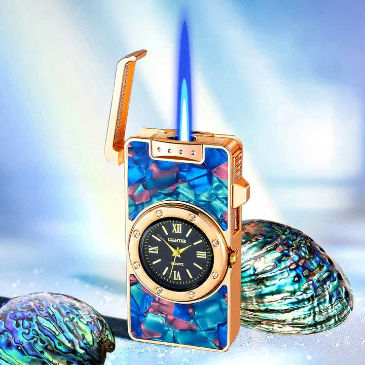 Time Flame Colorful Shells Butane Lighter With Clock - Ambilight - Gold - image 1