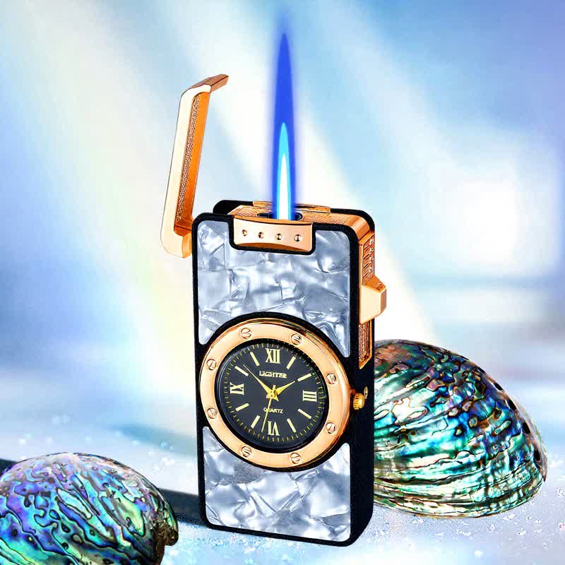 Time Flame Colorful Shells Butane Lighter With Clock - White Fritillary - Matte Black - image 17
