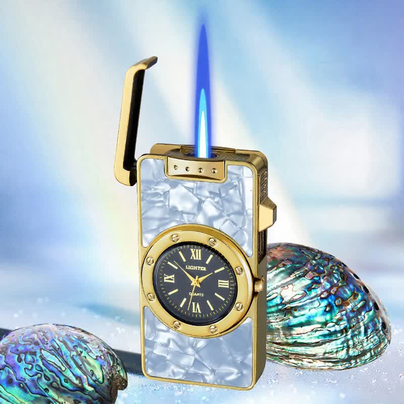 Time Flame Colorful Shells Butane Lighter With Clock - White Fritillary - Bronze - image 20