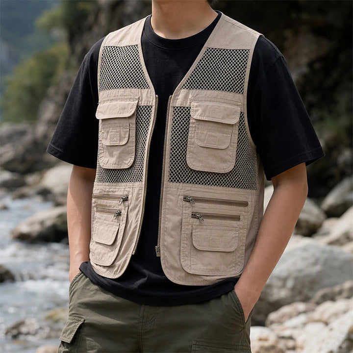 Men's Four Season Zipper Mesh Utility Pure Cotton Vest - Khaki - 7XL - image 0