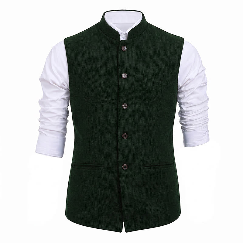 Men's Mandarin Collar Herringbone Tweed Waistcoat Suit Vest - image 26