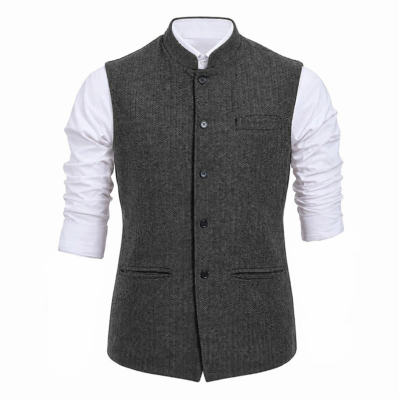 Men's Mandarin Collar Herringbone Tweed Waistcoat Suit Vest - image 19