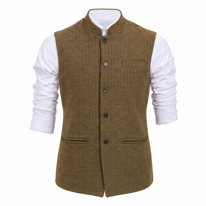 Men's Mandarin Collar Herringbone Tweed Waistcoat Suit Vest - image 30
