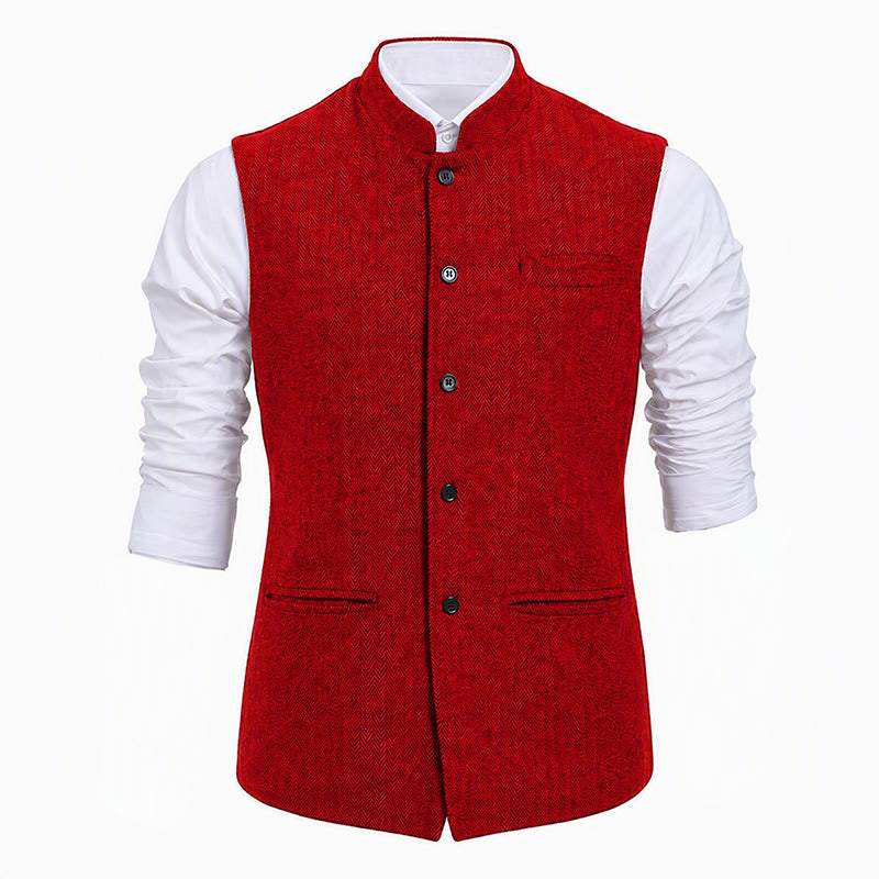 Men's Mandarin Collar Herringbone Tweed Waistcoat Suit Vest - image 22