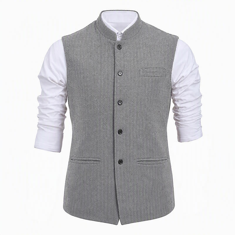Men's Mandarin Collar Herringbone Tweed Waistcoat Suit Vest - image 20