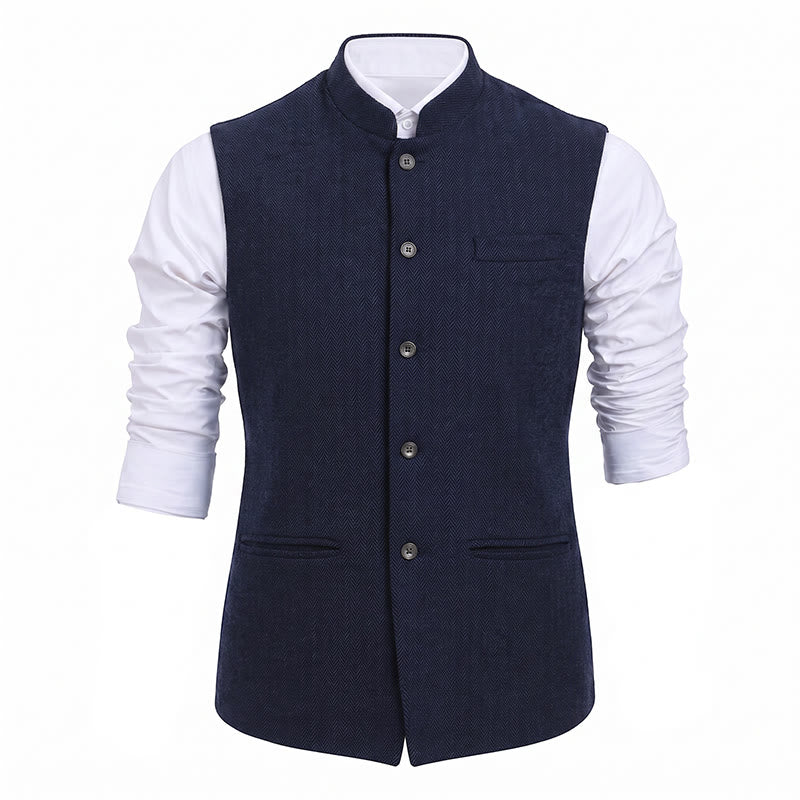 Men's Mandarin Collar Herringbone Tweed Waistcoat Suit Vest - image 27