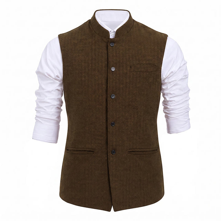 Men's Mandarin Collar Herringbone Tweed Waistcoat Suit Vest - image 31