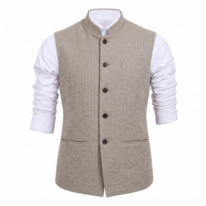 Men's Mandarin Collar Herringbone Tweed Waistcoat Suit Vest - image 32