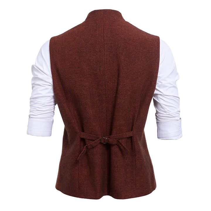 Men's Mandarin Collar Herringbone Tweed Waistcoat Suit Vest - image 18