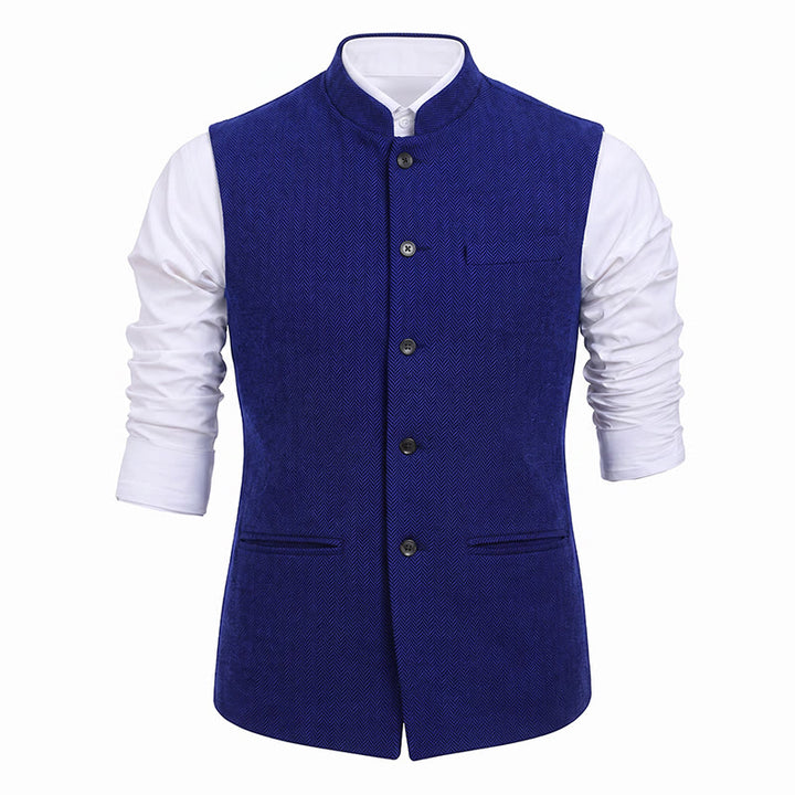 Men's Mandarin Collar Herringbone Tweed Waistcoat Suit Vest - image 27
