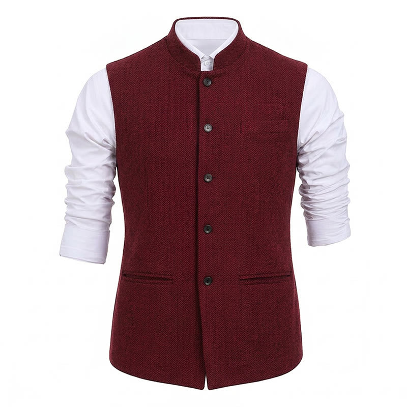 Men's Mandarin Collar Herringbone Tweed Waistcoat Suit Vest - image 23