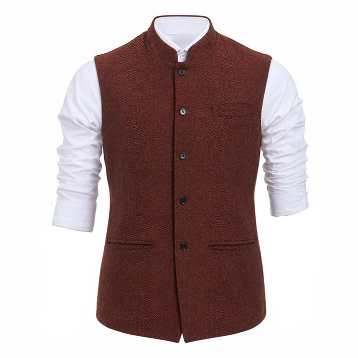 Men's Mandarin Collar Herringbone Tweed Waistcoat Suit Vest - image 17