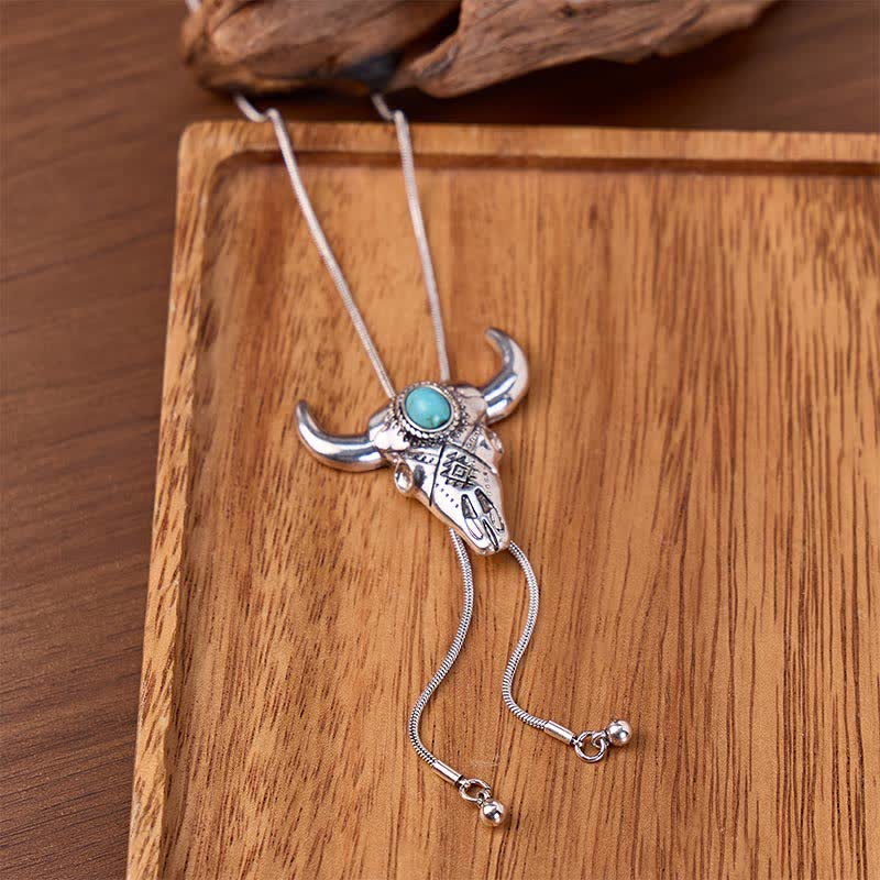 Ethnic Carved Turquoise Bull Skull Y-Shaped Bolo Necklace - Silver - image 0