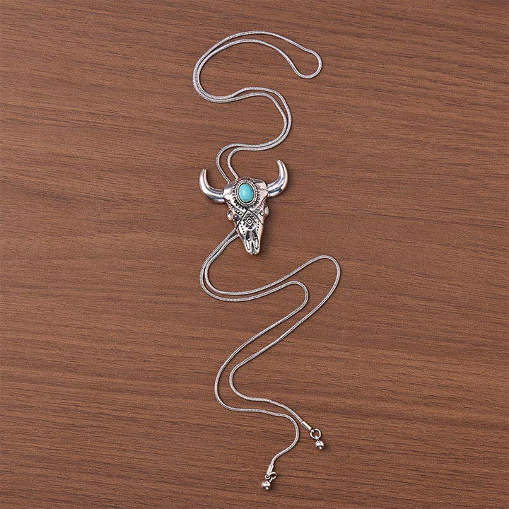 Ethnic Carved Turquoise Bull Skull Y-Shaped Bolo Necklace - image 3