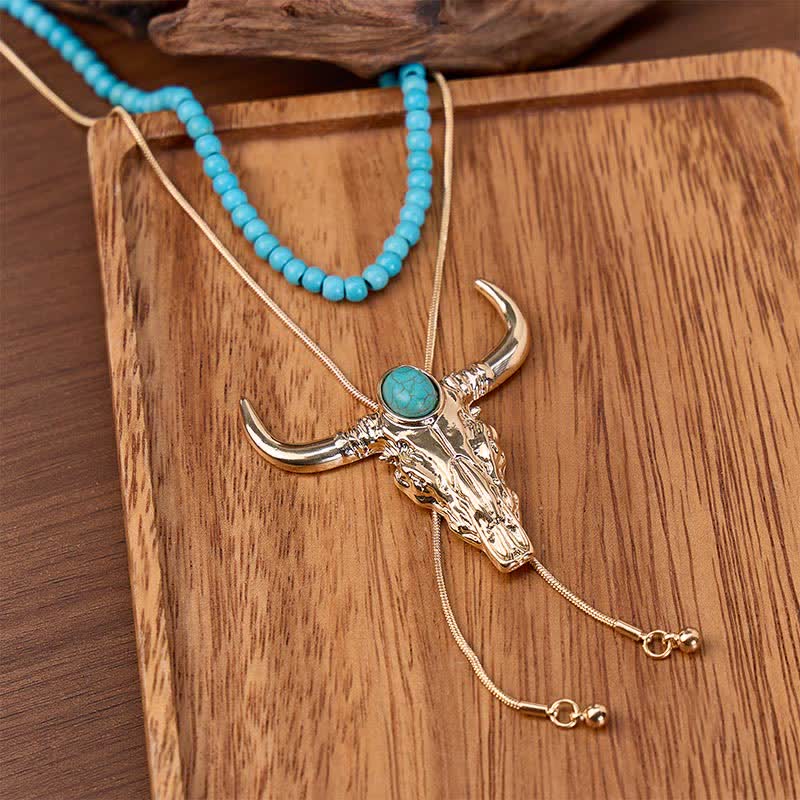 Desert Sky 2-Layer Beaded & Longhorn Y-Shaped Bolo Necklace - Gold - image 0