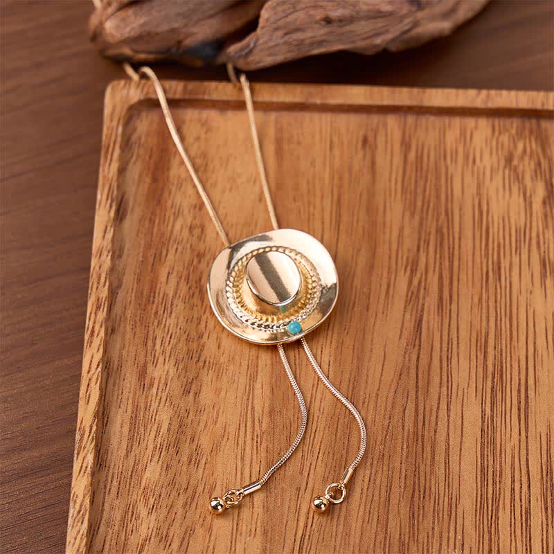 Sculpted Cowboy Hat With Turquoise Accent Y-Shaped Bolo Necklace - Gold - image 0