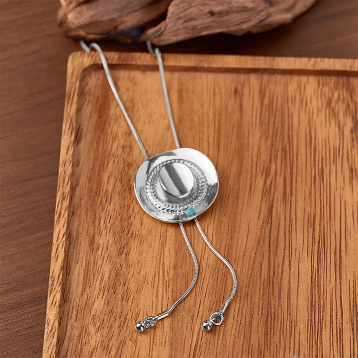Sculpted Cowboy Hat With Turquoise Accent Y-Shaped Bolo Necklace - Silver - image 4
