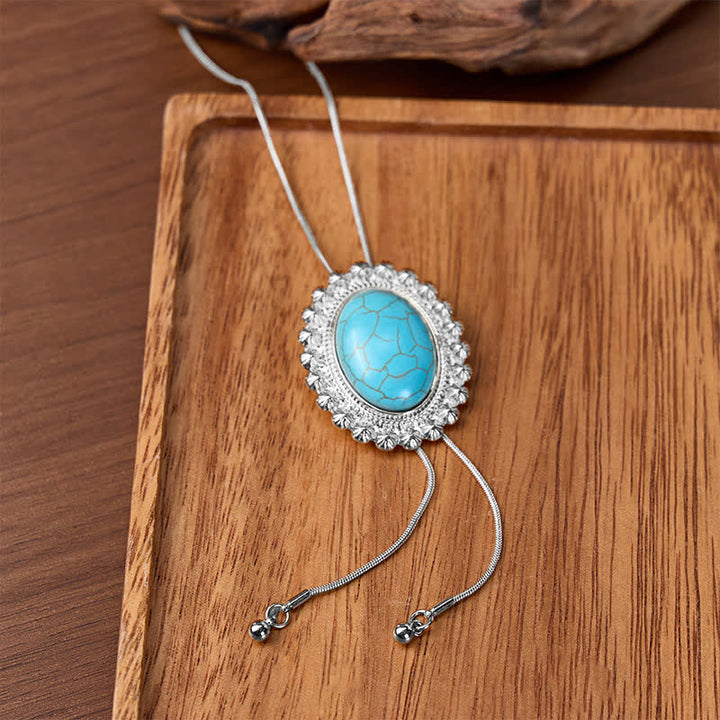 Desert Concho Large Oval Turquoise Y-shaped Bolo Necklace - Silver - image 4