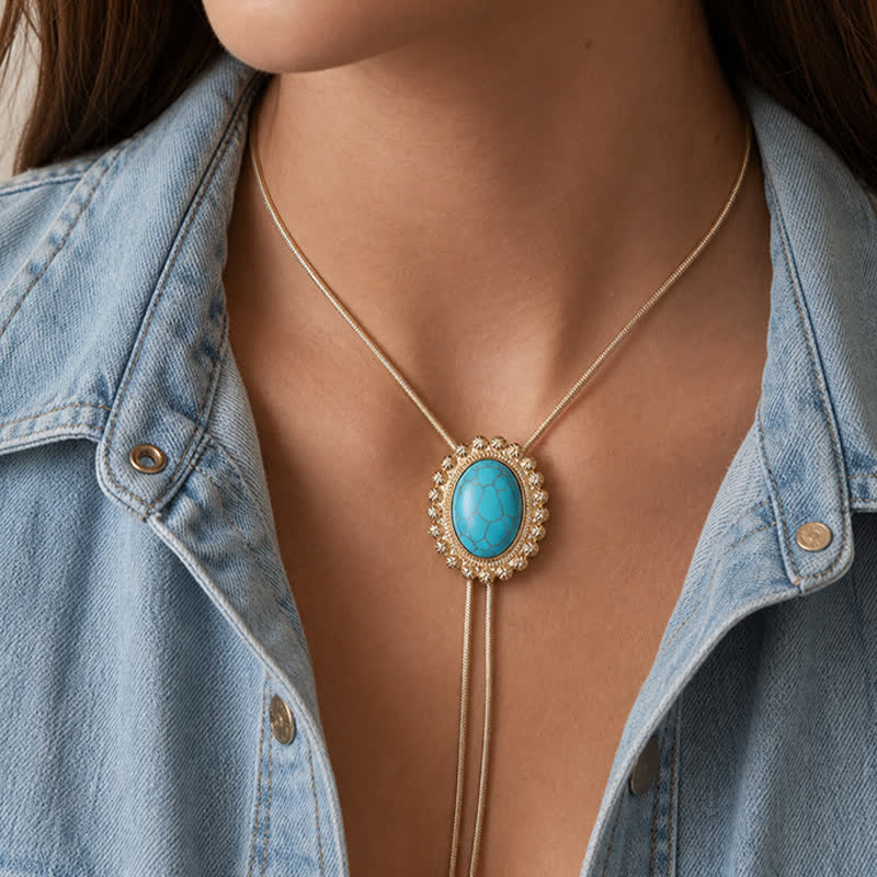 Desert Concho Large Oval Turquoise Y-shaped Bolo Necklace - image 1