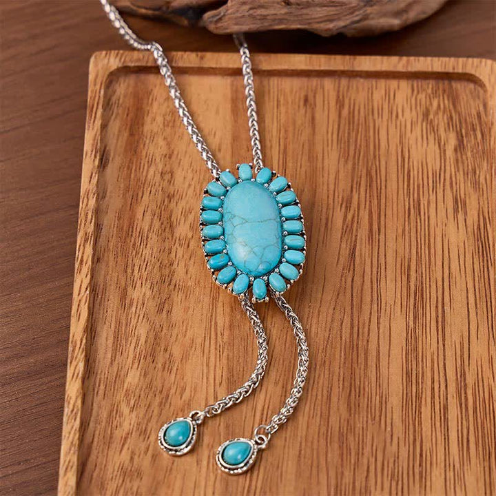 Boho Oval Turquoise Pendant Y-shaped Bolo Necklace With Two Teardrop Dangles - Silver - image 0