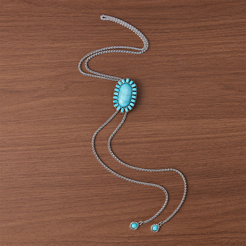 Boho Oval Turquoise Pendant Y-shaped Bolo Necklace With Two Teardrop Dangles - image 3