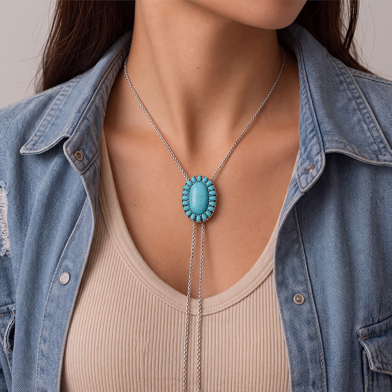 Boho Oval Turquoise Pendant Y-shaped Bolo Necklace With Two Teardrop Dangles - image 1