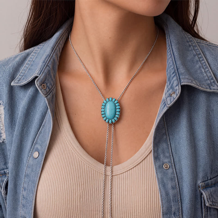 Boho Oval Turquoise Pendant Y-shaped Bolo Necklace With Two Teardrop Dangles - image 1