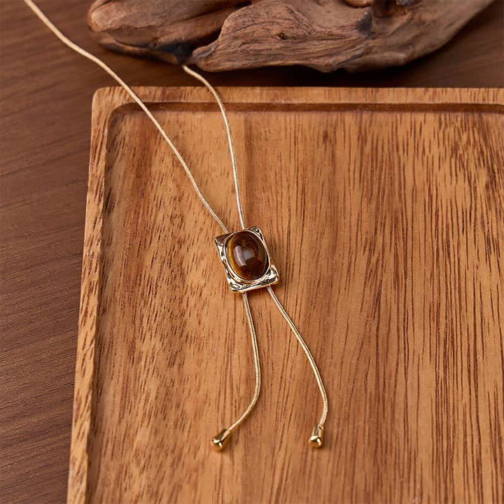 Tiger Eye Slider Square Pendant Y-shaped Lariat Bolo Necklace - Gold - image 0