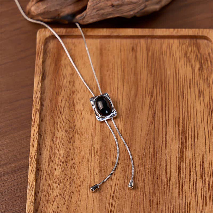 Tiger Eye Slider Square Pendant Y-shaped Lariat Bolo Necklace - Silver - image 4