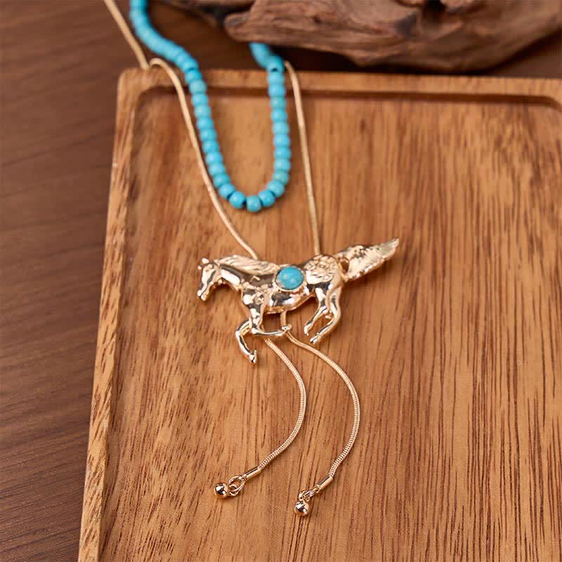 Wild Spirit Horse 2-Layer Beaded Y-Shaped Bolo Necklace - Gold - image 0