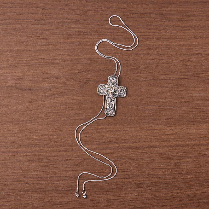 Cowboy Faith & Horns Engraved Scrollwork Y-shaped Bolo Necklace - image 3