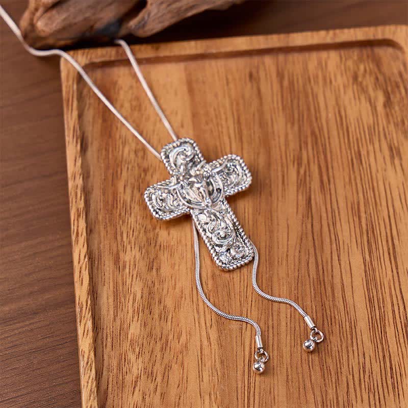 Cowboy Faith & Horns Engraved Scrollwork Y-shaped Bolo Necklace - Silver - image 0