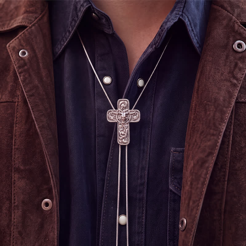 Cowboy Faith & Horns Engraved Scrollwork Y-shaped Bolo Necklace - image 1