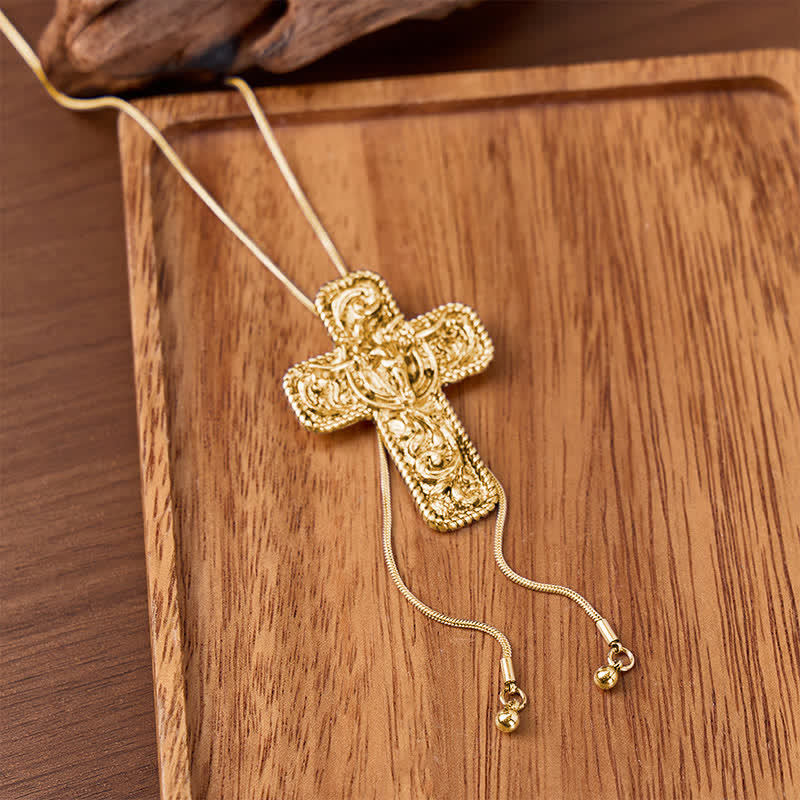 Cowboy Faith & Horns Engraved Scrollwork Y-shaped Bolo Necklace - Gold - image 4
