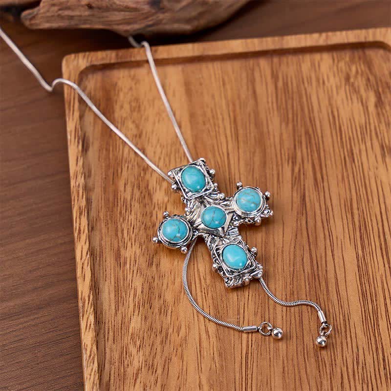 Five Blessings Cross Western Turquoise Cross Y-shaped Bolo Necklace - Silver - image 0