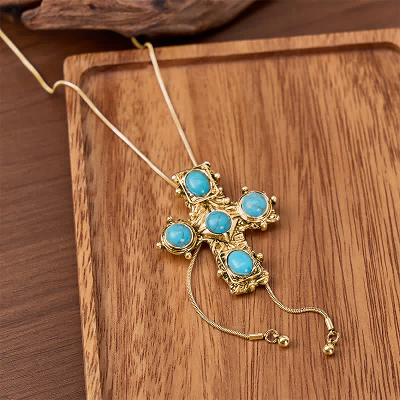 Five Blessings Cross Western Turquoise Cross Y-shaped Bolo Necklace - Gold - image 4