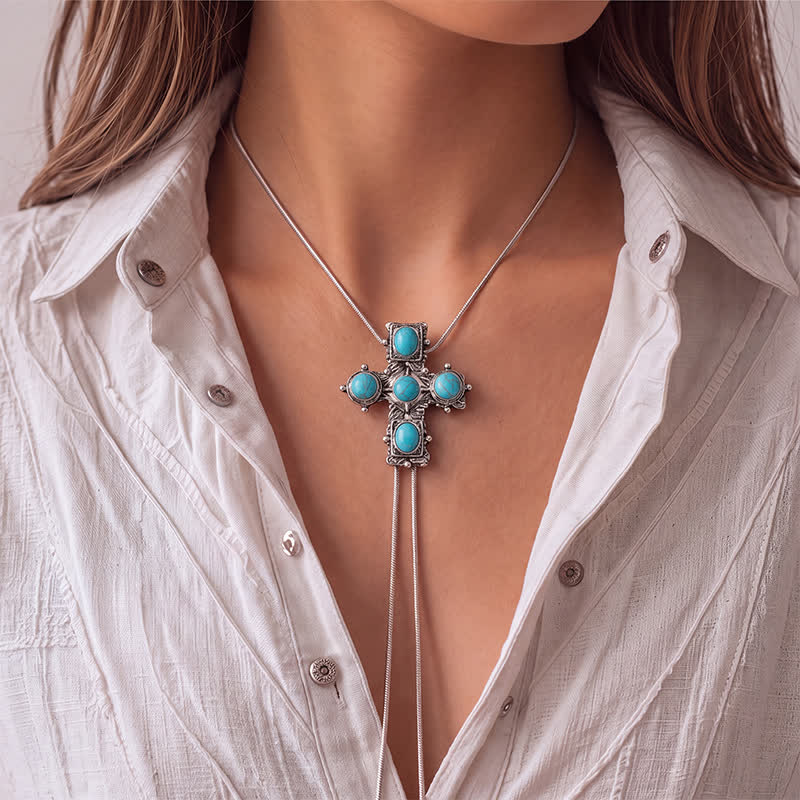 Five Blessings Cross Western Turquoise Cross Y-shaped Bolo Necklace - image 1