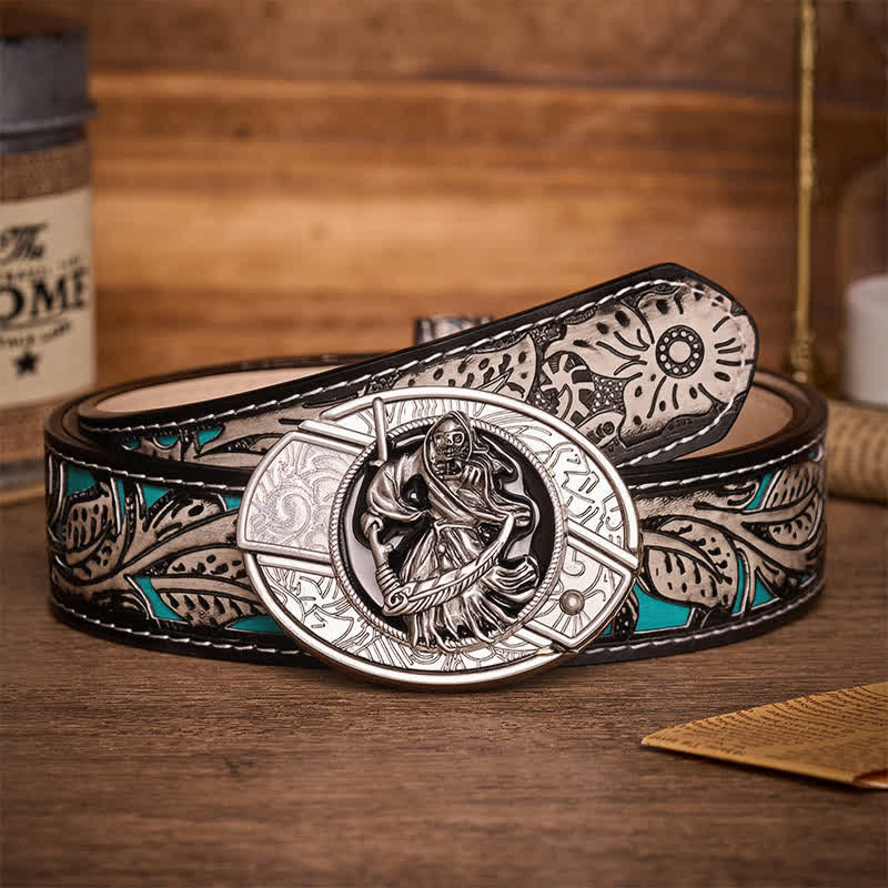 Death Skeleton Warrior DIY Hidden Folding Knife Buckle Leather Belt - Skeleton Warrior - Gray Floral Belt - 42 - image 8